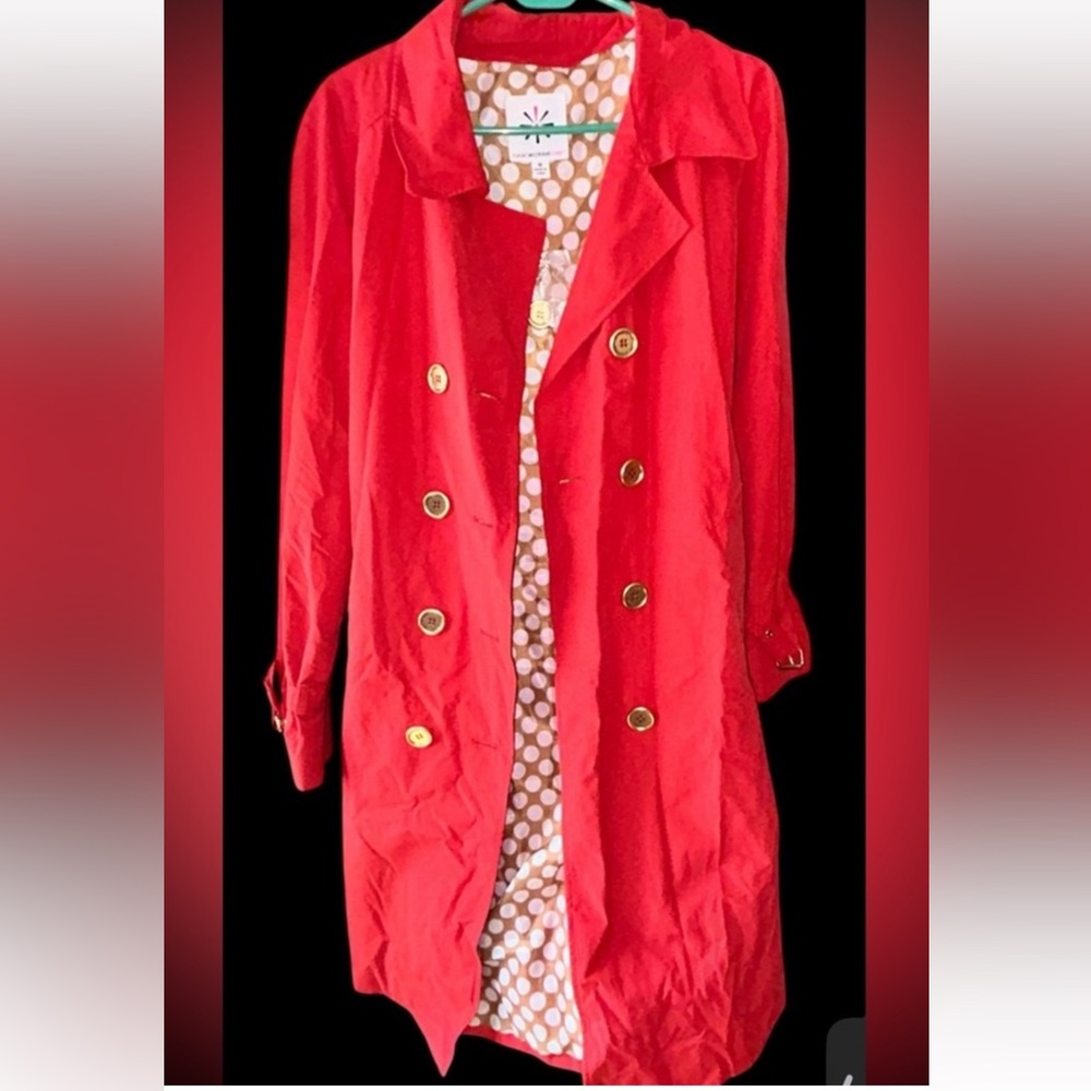 Isaac Mizrahi Live Vibrant Red Trench Coat with Gold Buttons & polkadots medium